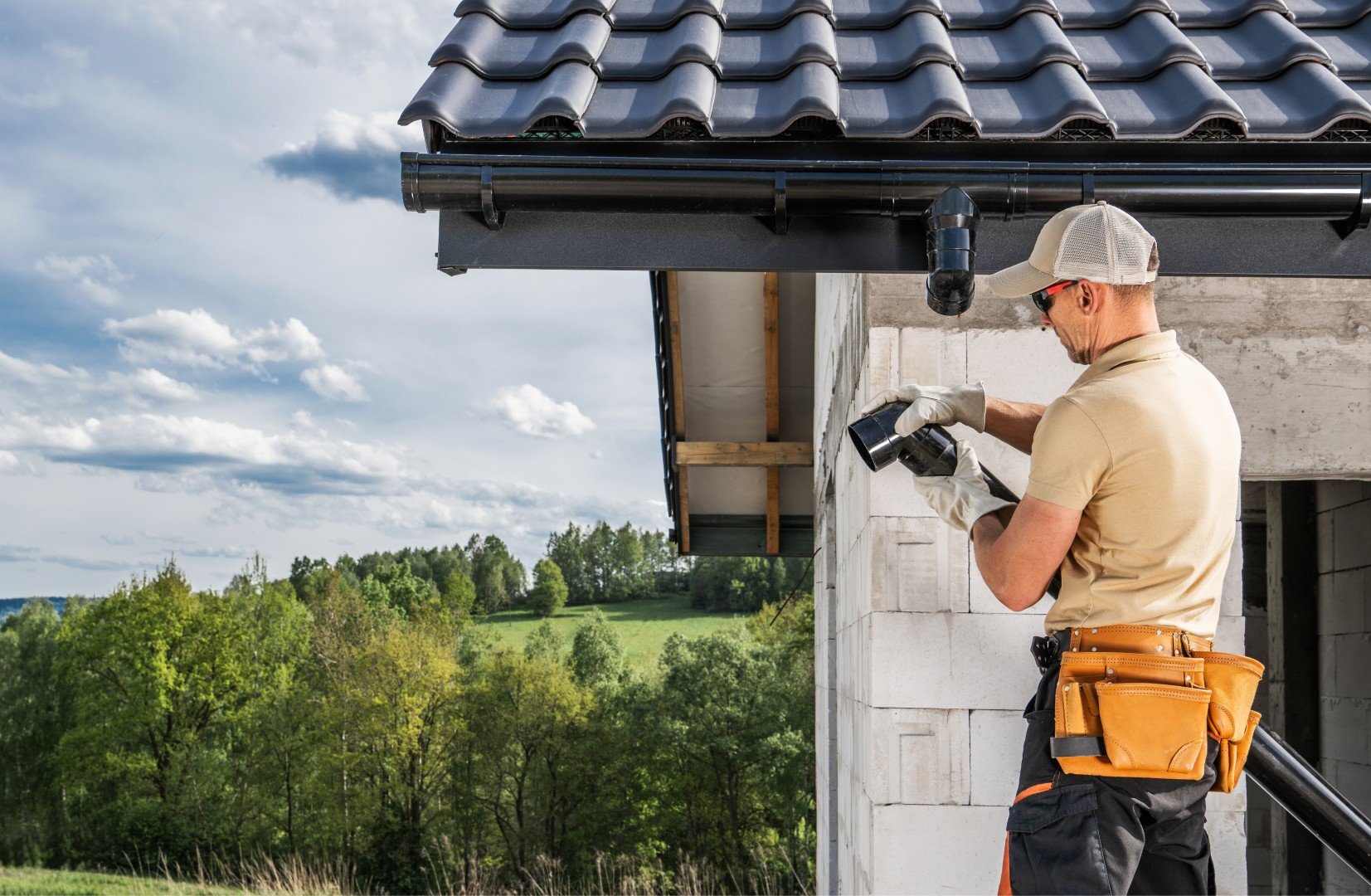 Tradesman with a tool belt using a drill below a black gutter on a new house