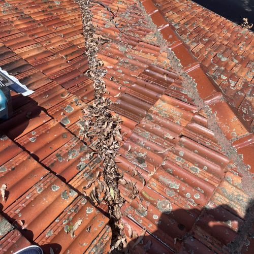 Valleys on a terracotta tile roof filled with dry leaves and debris