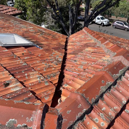 Lichen-covered terracotta roof tiles meeting at a valley beside a skylight